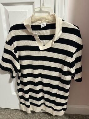 Zara Black and Cream Striped Knit Polo